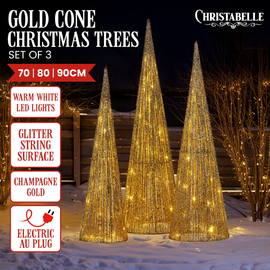 Christabelle Gold Cone Christmas Tree Set LED Lights Indoor Outdoor 3-Pack