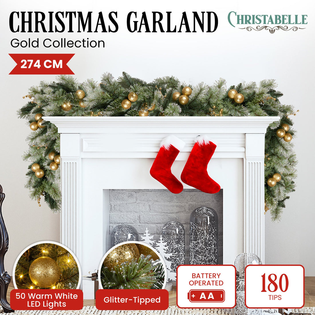 Christabelle LED Christmas Garland with Gold Baubles 2.7m