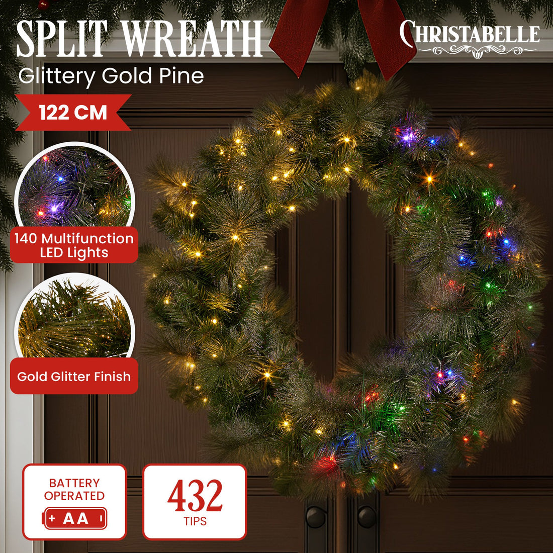 Christabelle LED Christmas Wreath Gold Split Design 1.22m