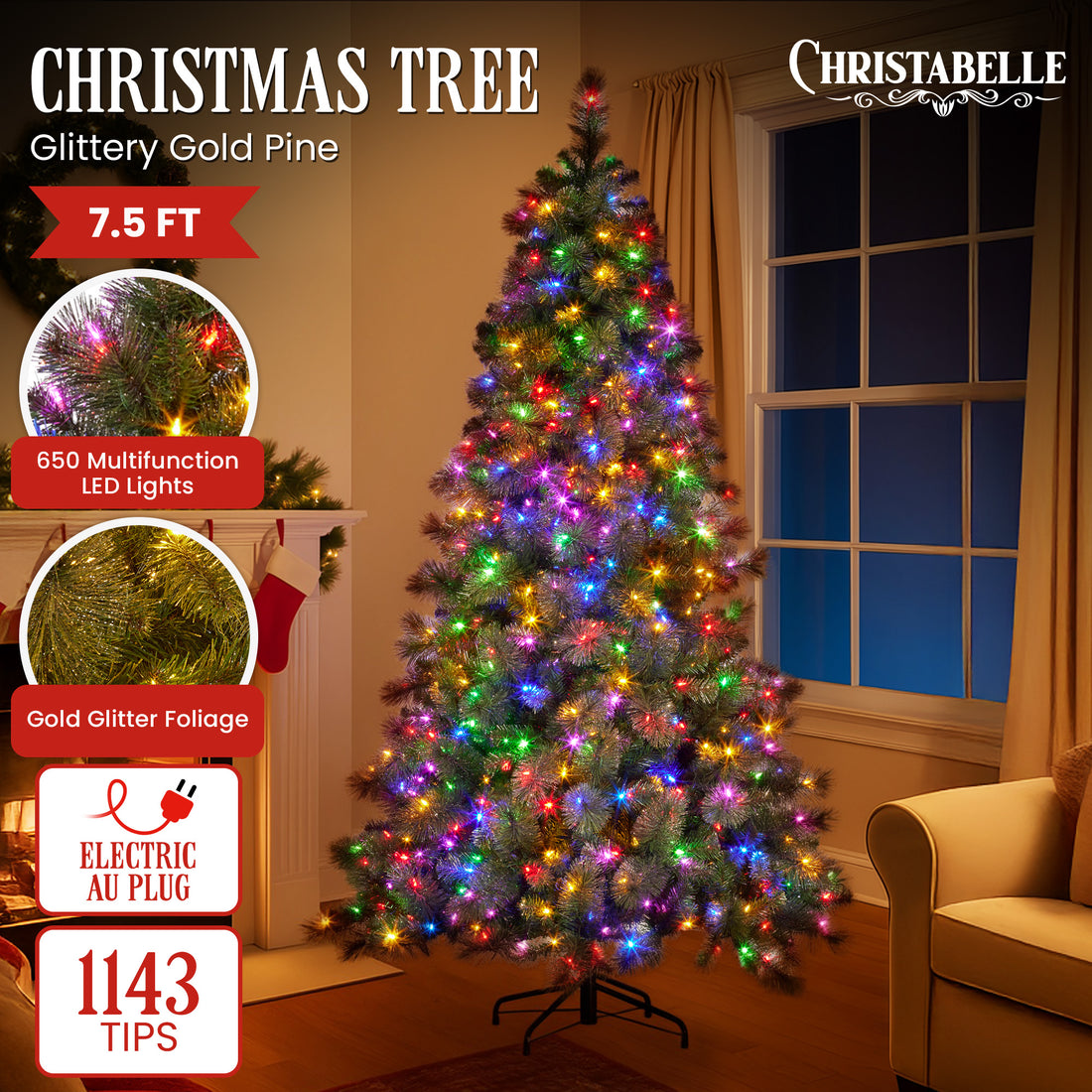Christabelle Glittery Gold Pine Christmas Tree with LED Lights 7.5ft