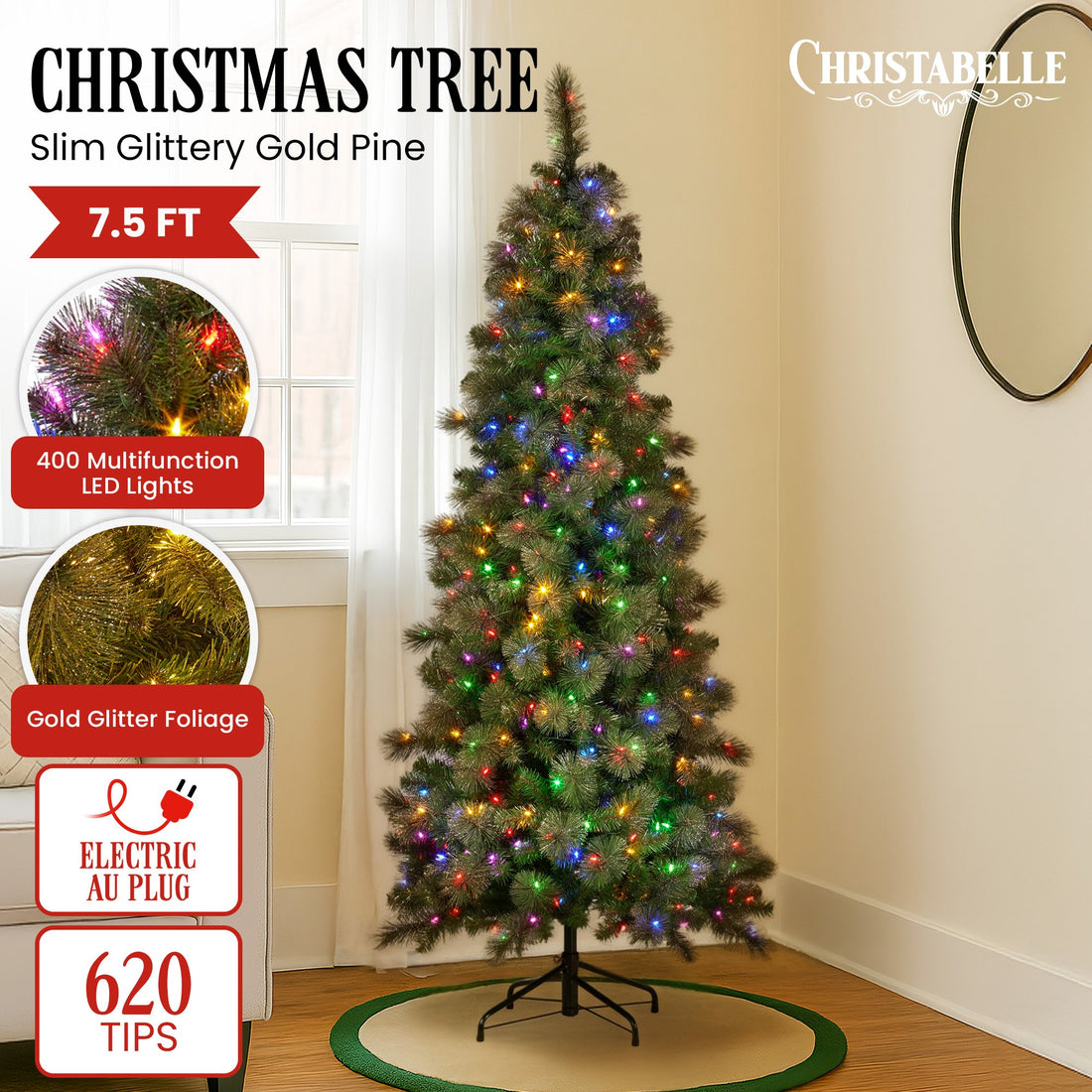 Christabelle Slim Glittery Gold Christmas Tree with LED Lights 7.5ft