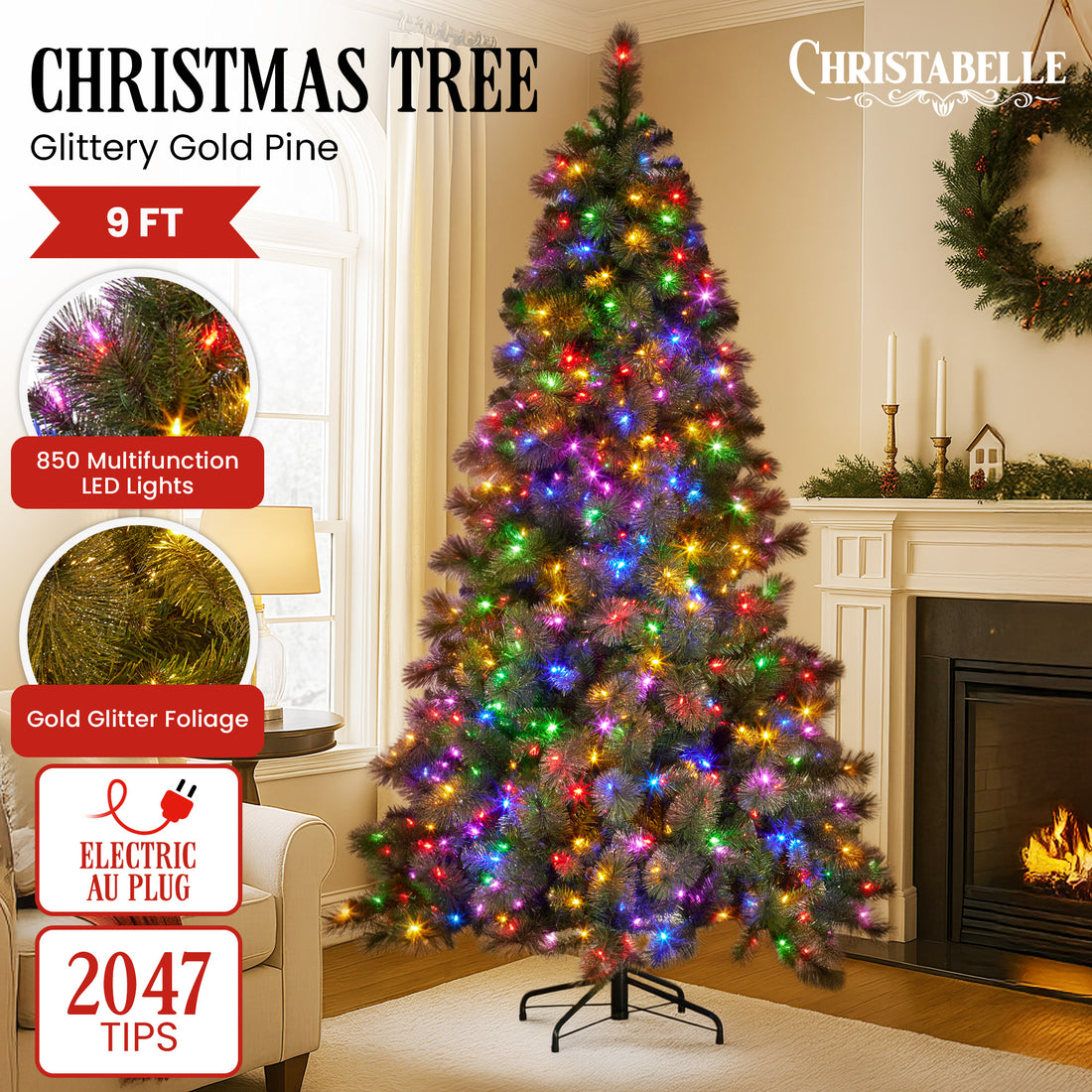 Christabelle Glittery Gold Pine Christmas Tree with LED Lights 9ft