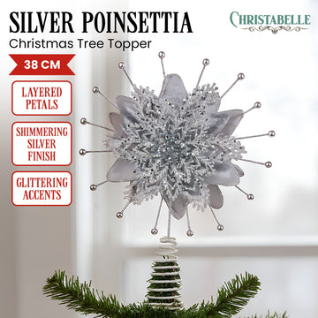 Christabelle Silver Poinsettia Christmas Tree Topper 38cm Festive Decoration
