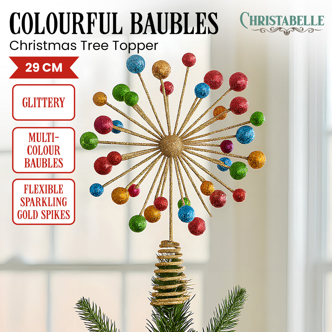 Christabelle Glittery Bauble Christmas Tree Topper Gold Multi-Colour 29cm