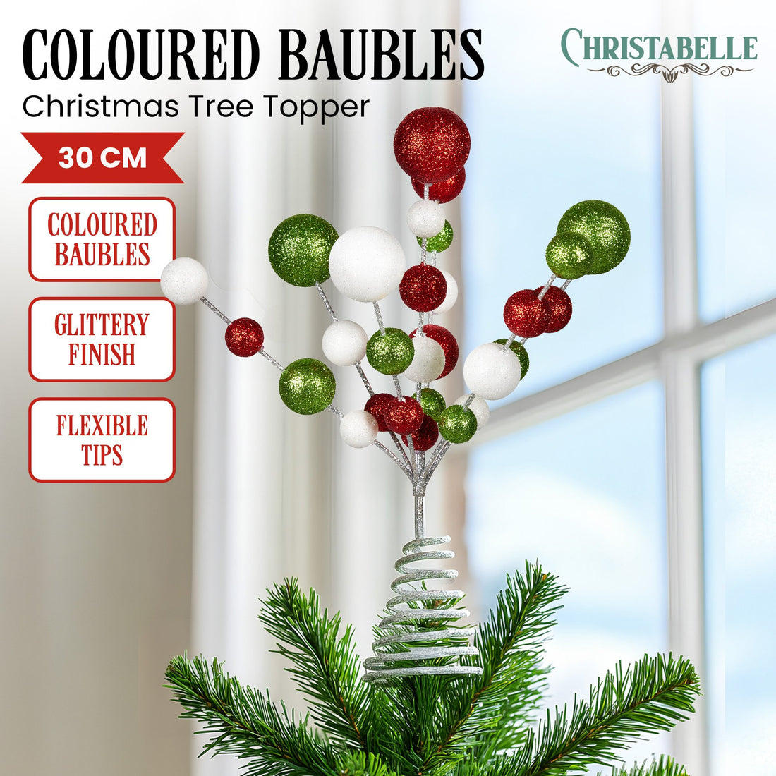 Christabelle Bauble Christmas Tree Topper Red White Green 30cm Glitter