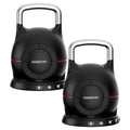Two Powertrain adjustable kettlebells on white background, front view, black body with chrome handles and red accent stripe