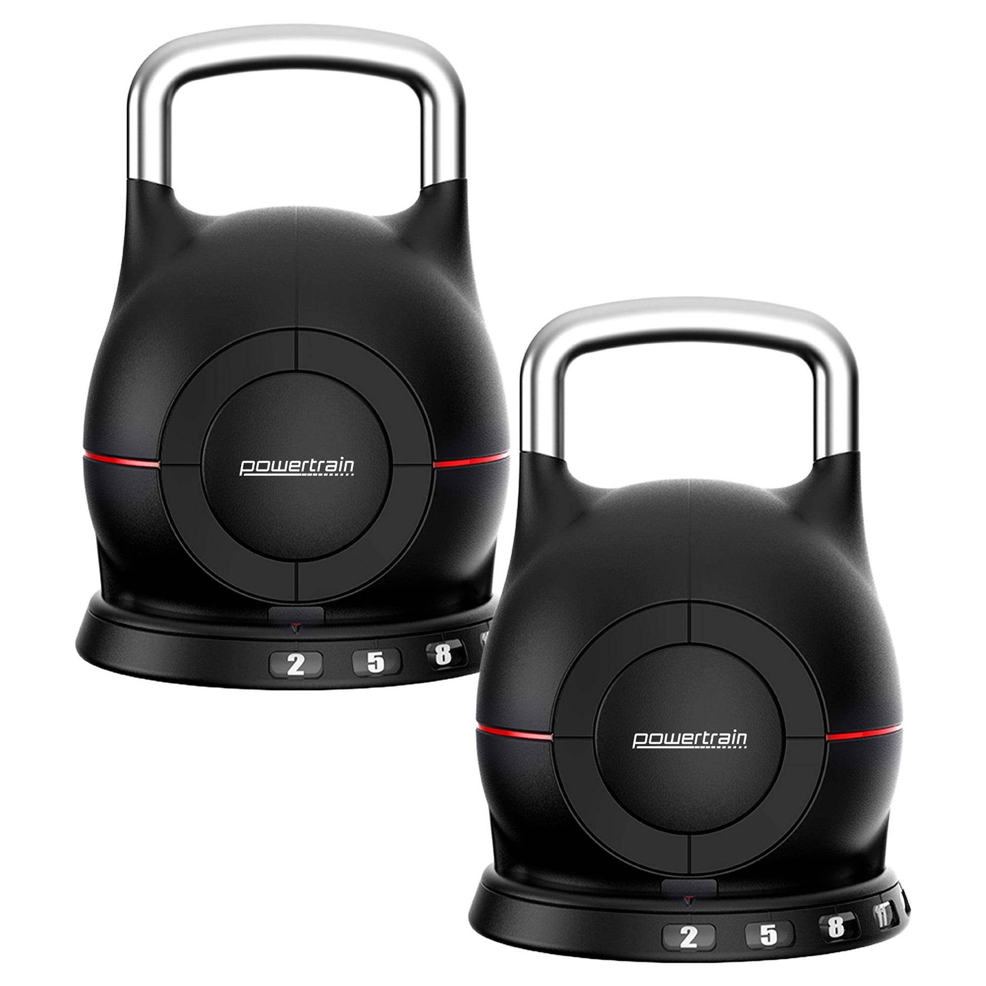 Two Powertrain adjustable kettlebells on white background, front view, black body with chrome handles and red accent stripe
