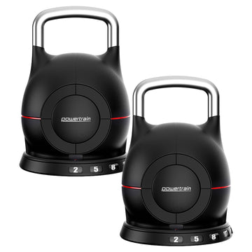 Two Powertrain adjustable kettlebells on white background, front view, black body with chrome handles and red accent stripe