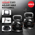 Powertrain 40kg adjustable kettlebell feature infographic showing comfortable handle, secure lock and 7 weight selections