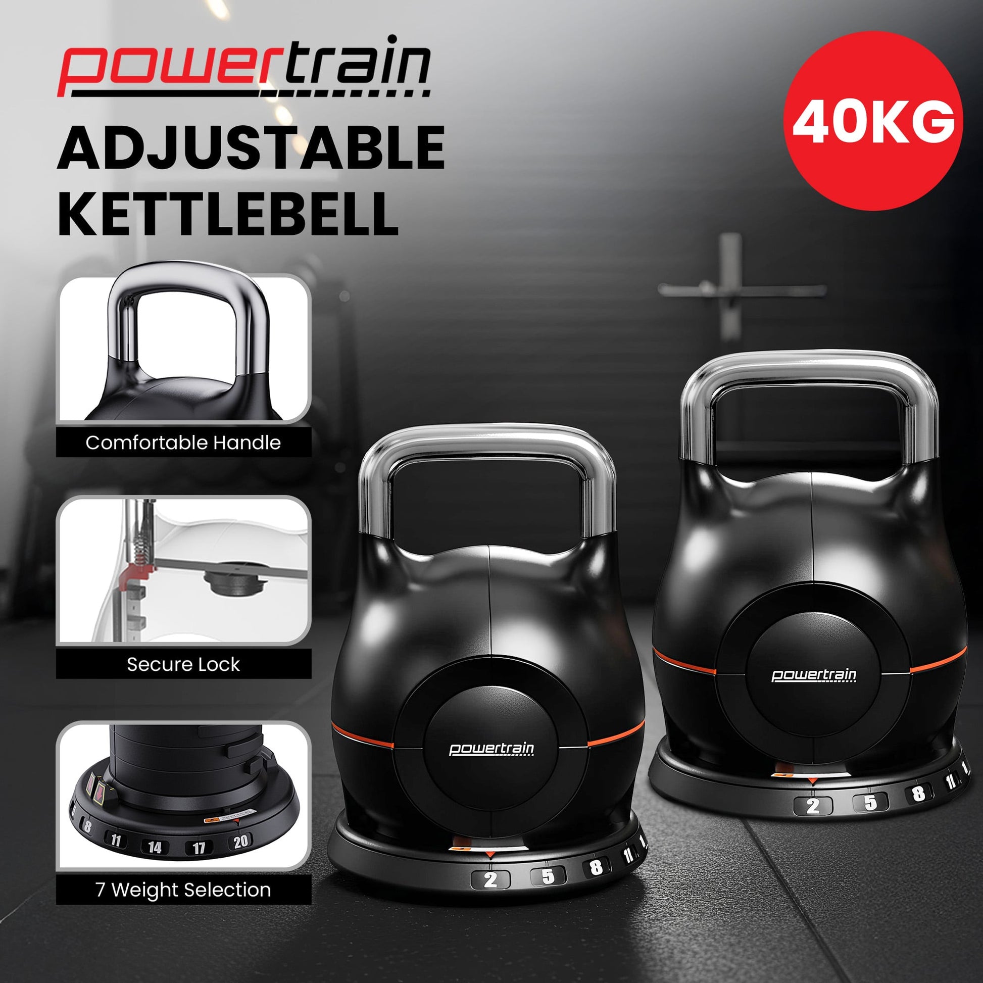 Powertrain 40kg adjustable kettlebell feature infographic showing comfortable handle, secure lock and 7 weight selections