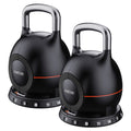 Two Powertrain adjustable kettlebells, three-quarter view on white background with orange stripe and weight selector dial