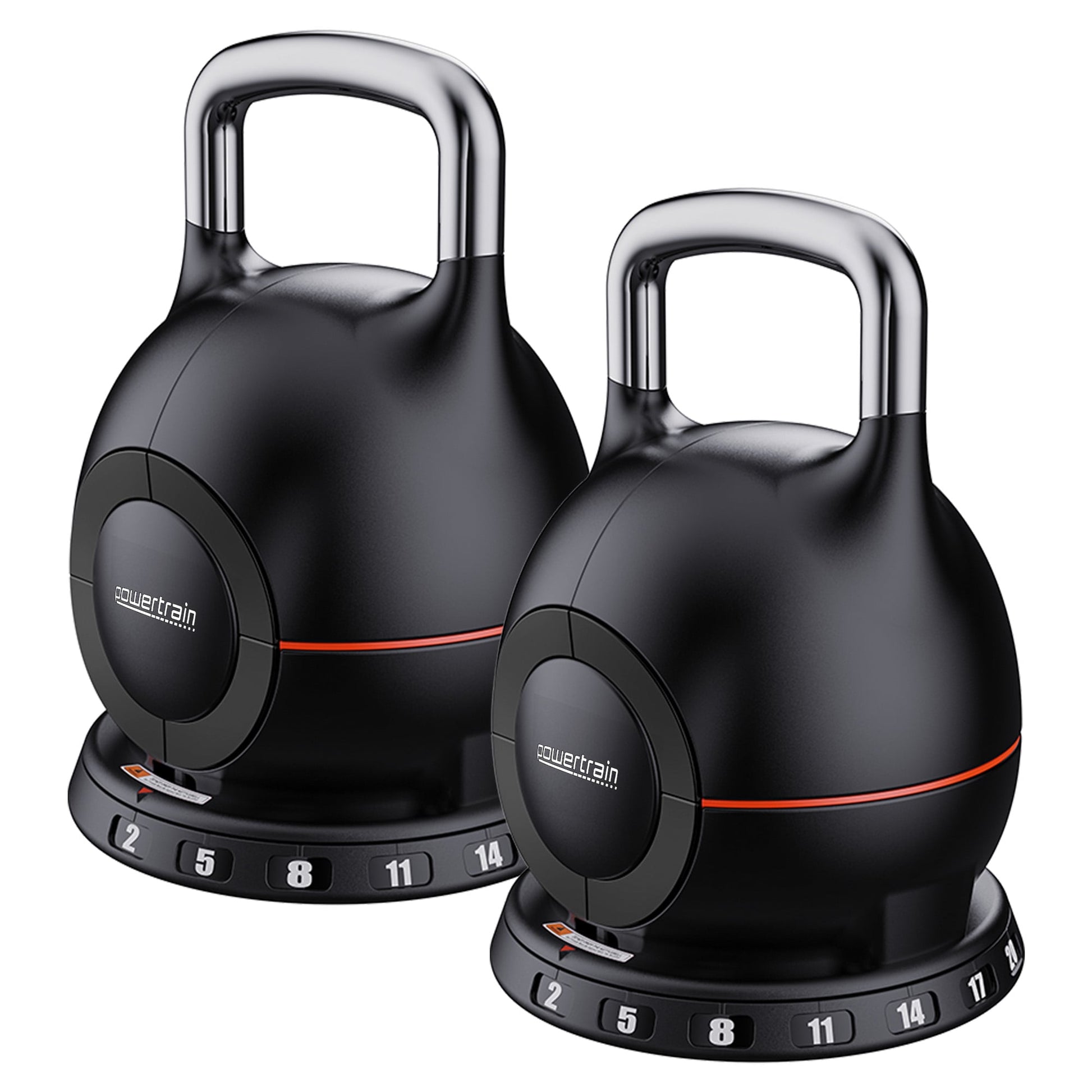 Two Powertrain adjustable kettlebells, three-quarter view on white background with orange stripe and weight selector dial