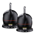 Two adjustable kettlebells rear view on white background, orange accent stripe and warning alignment label visible on base