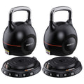 Powertrain adjustable kettlebell pair on white background showing two shells separated from their stacked weight plate bases