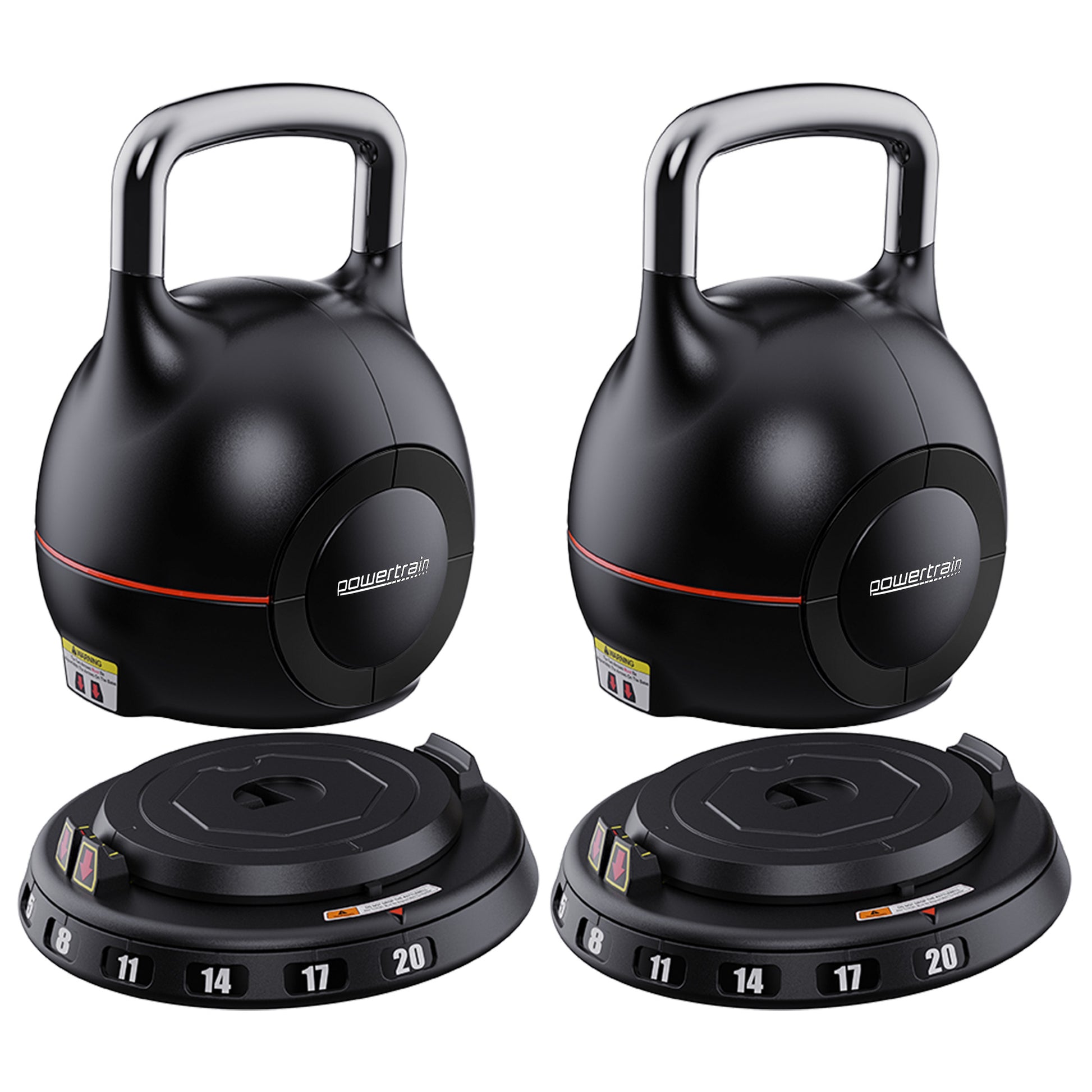 Powertrain adjustable kettlebell pair on white background showing two shells separated from their stacked weight plate bases