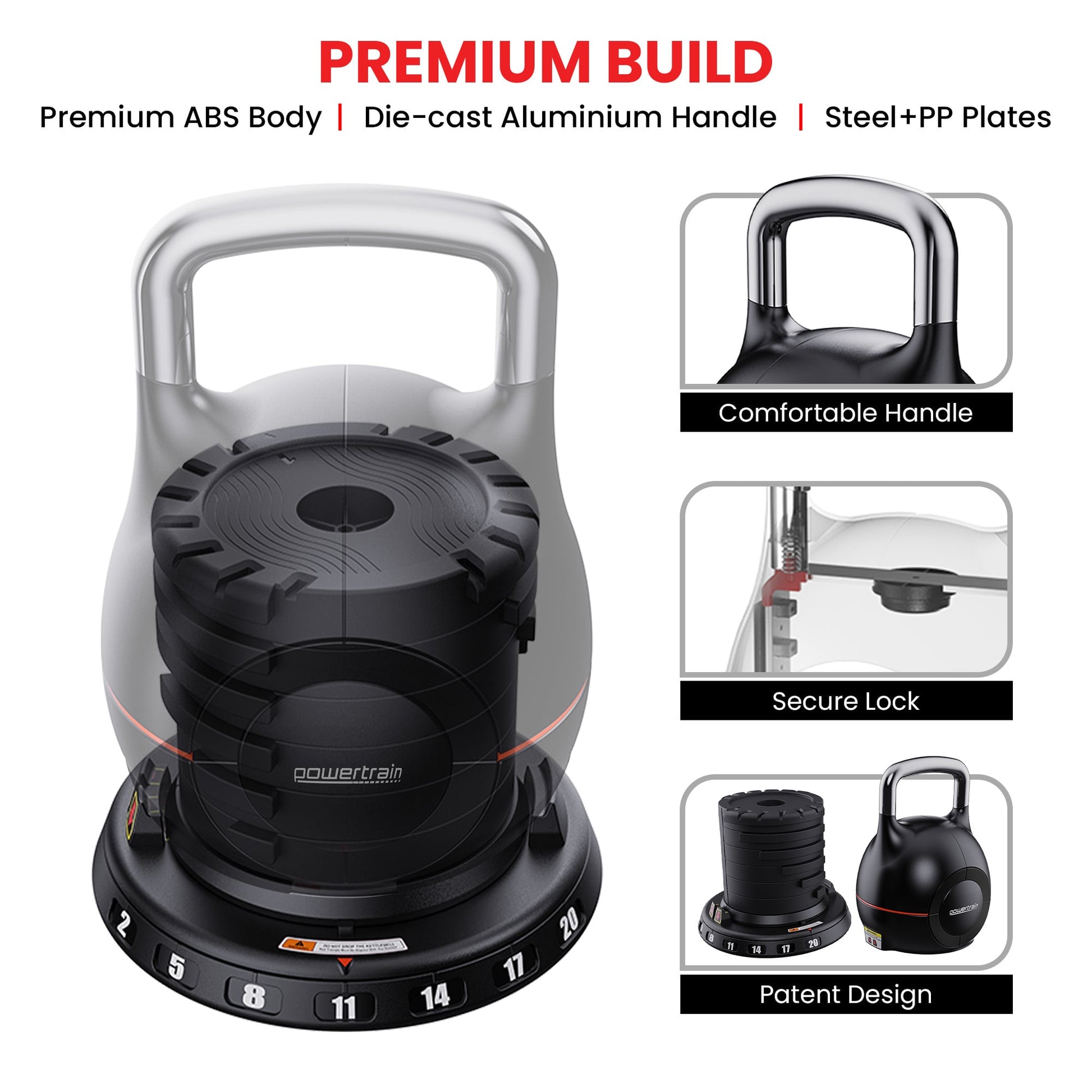 Powertrain adjustable kettlebell cut-away showing internal steel and PP plate stack, ABS body and die-cast aluminium handle