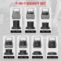 Powertrain adjustable kettlebell 7-in-1 weight chart showing all settings: 2kg, 5kg, 8kg, 11kg, 14kg, 17kg and 20kg