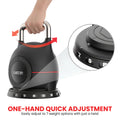 Powertrain kettlebell one-hand twist-to-adjust feature showing hand on chrome handle and close-up of numbered weight dial