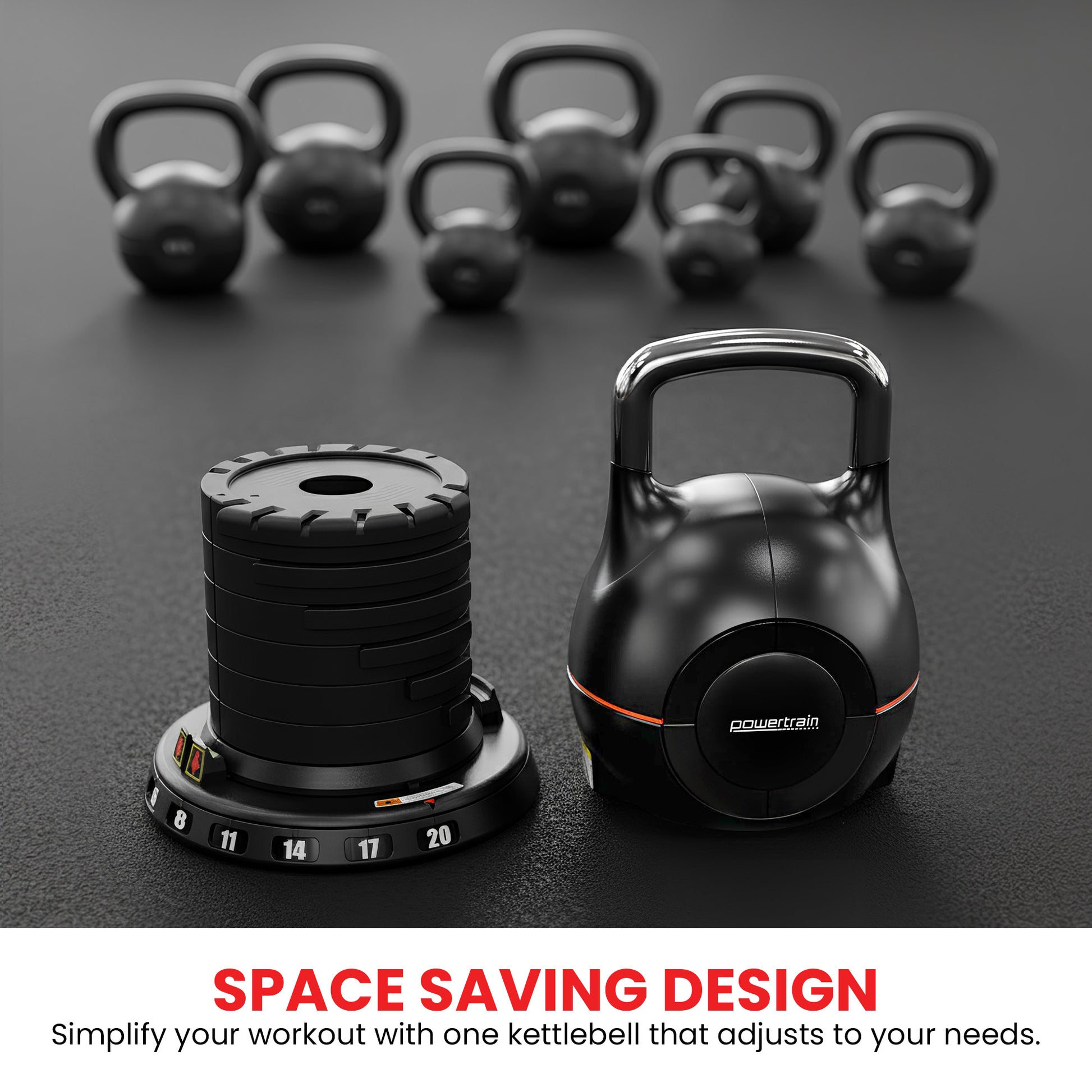 Powertrain adjustable kettlebell and weight plate stack on dark gym floor with seven traditional kettlebells blurred behind