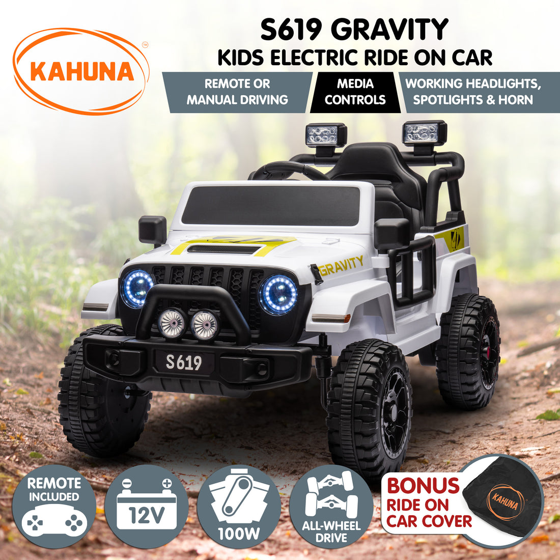 Kahuna S619 Gravity Ride On Car White 12V
