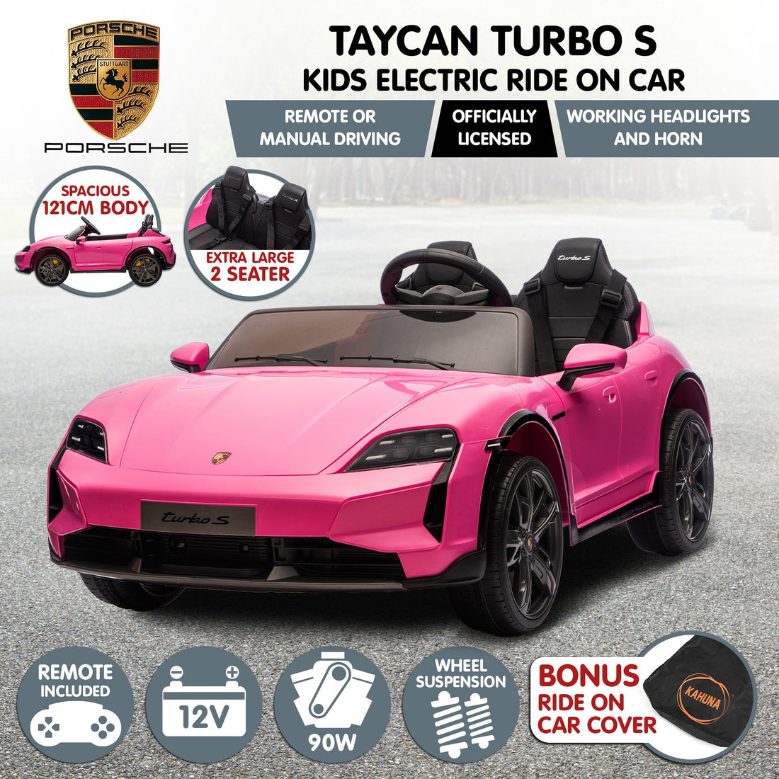Kahuna Licensed Porsche Taycan Turbo S Kids Electric Ride On Car Pink
