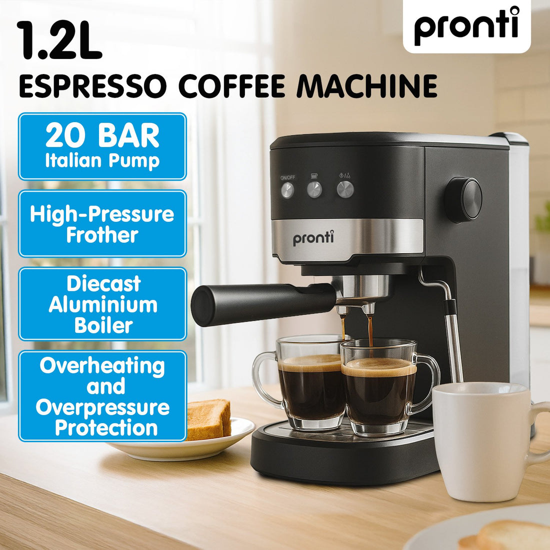 Pronti Espresso Coffee Machine 20 Bar 1.25L