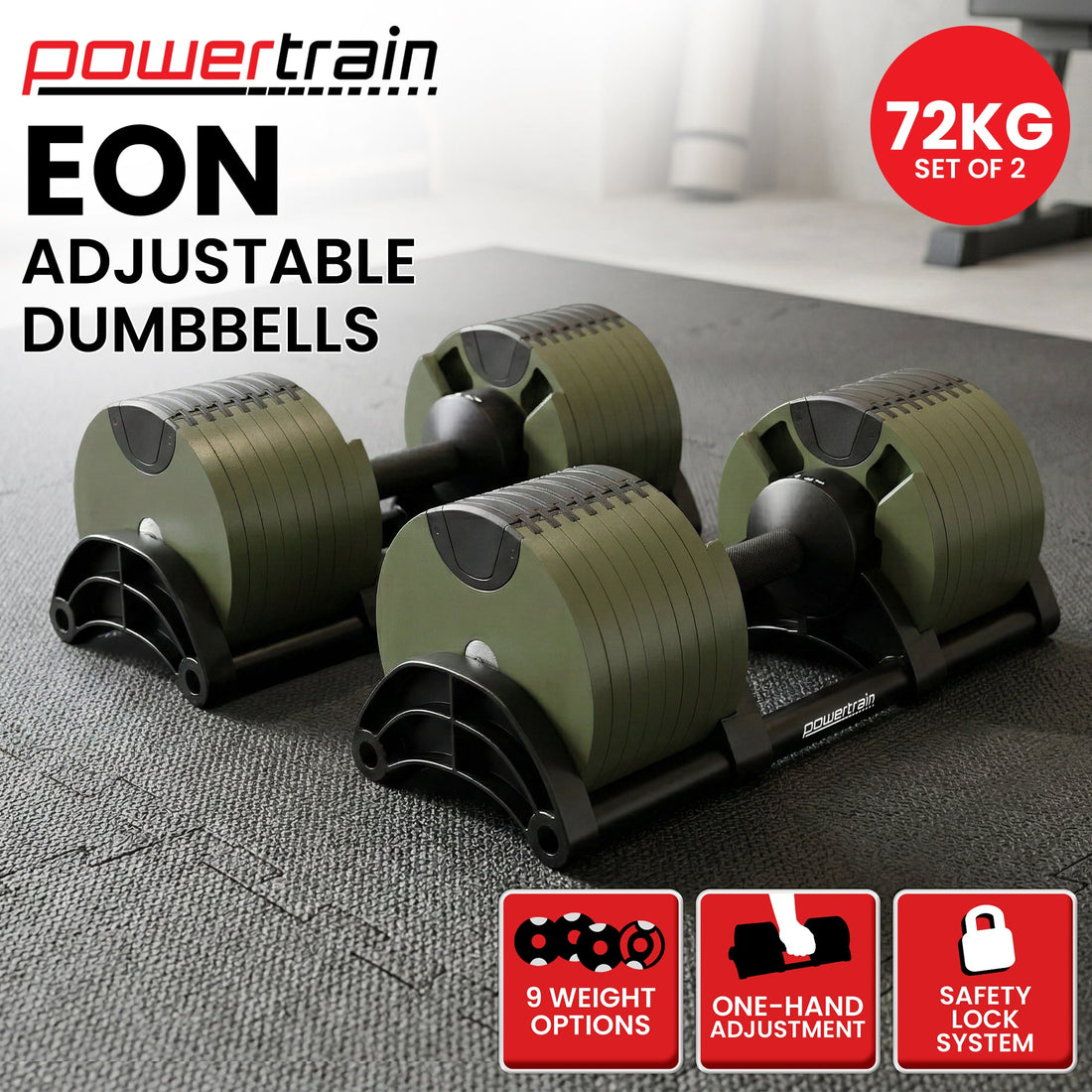 Adjustable Dumbbells Pair 72kg Dial Fast Adjustment Green