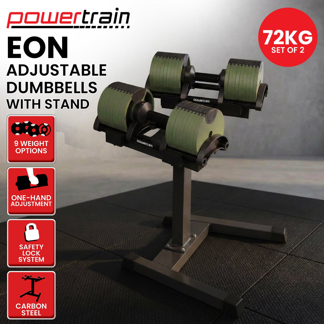 Adjustable Dumbbells Pair 72kg with Stand Dial Fast Green
