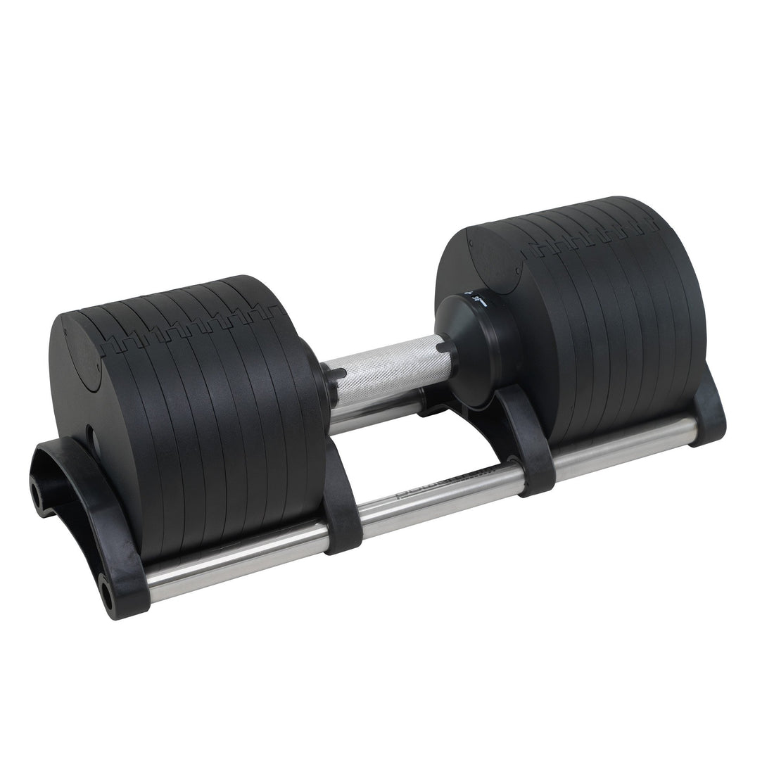Powertrain EON 45kg dial-up adjustable dumbbell pair on light wood floor with powertrain branding and feature badges
