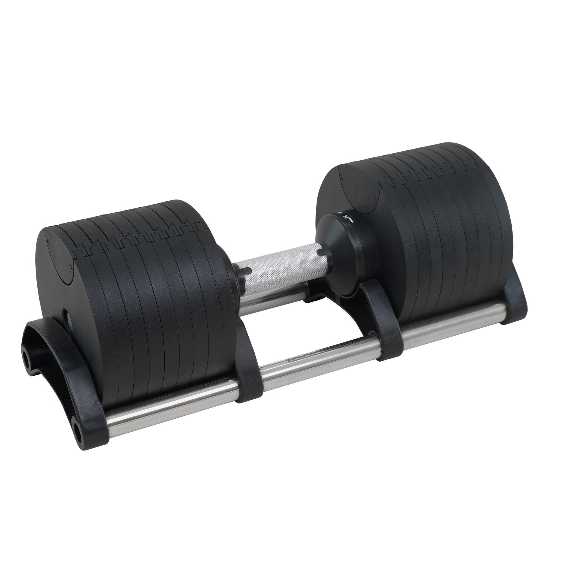 Powertrain EON adjustable dumbbell pair on white background, three-quarter angle view