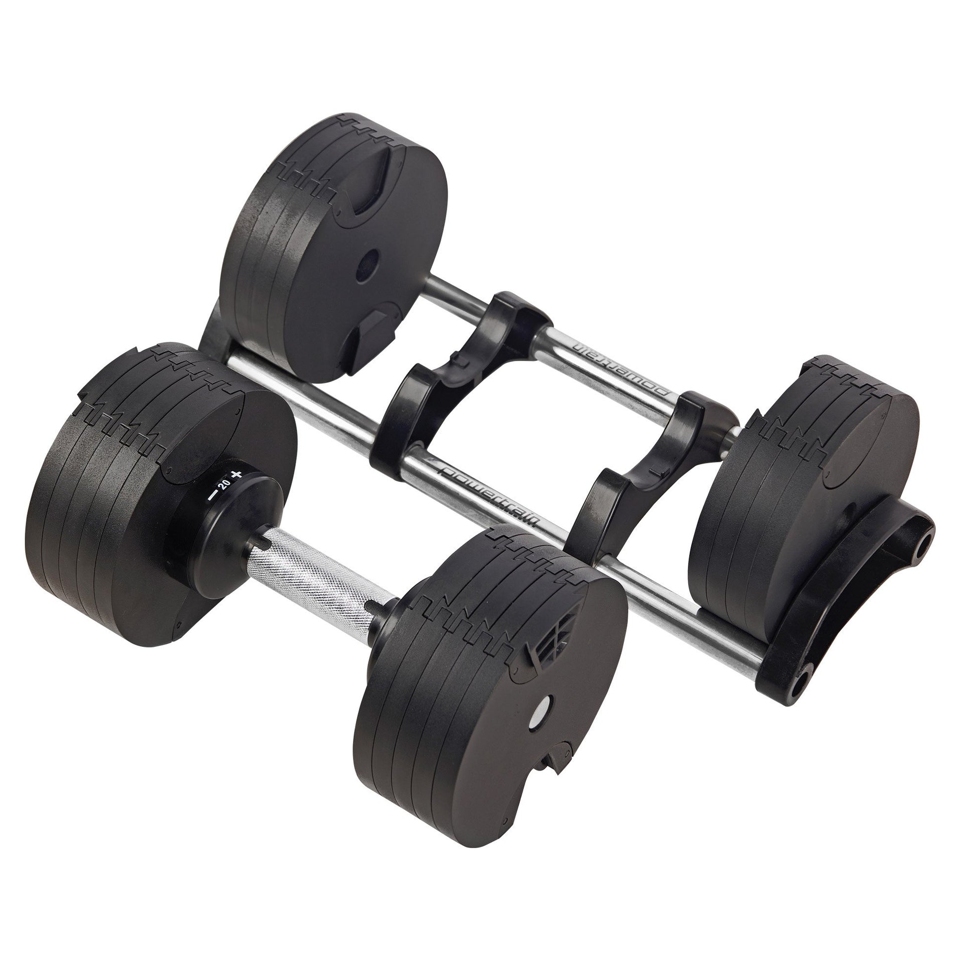 Single Powertrain EON dumbbell with dial selector shown above range of weight plates up to 45kg