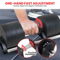 Person using adjustable dumbbells with a focus on one-hand fast adjustment feature.