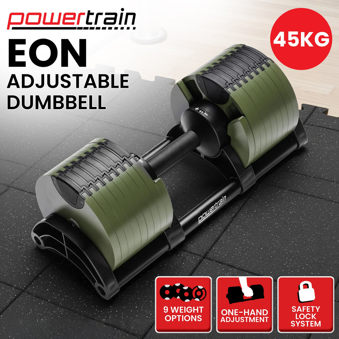 Adjustable Dumbbell 45kg Dial Fast Adjustment Green Cast Iron