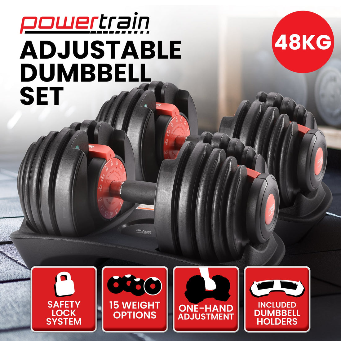 Powertrain Adjustable Dumbbell Set 48kg 15-in-1 Home Gym Weights Red