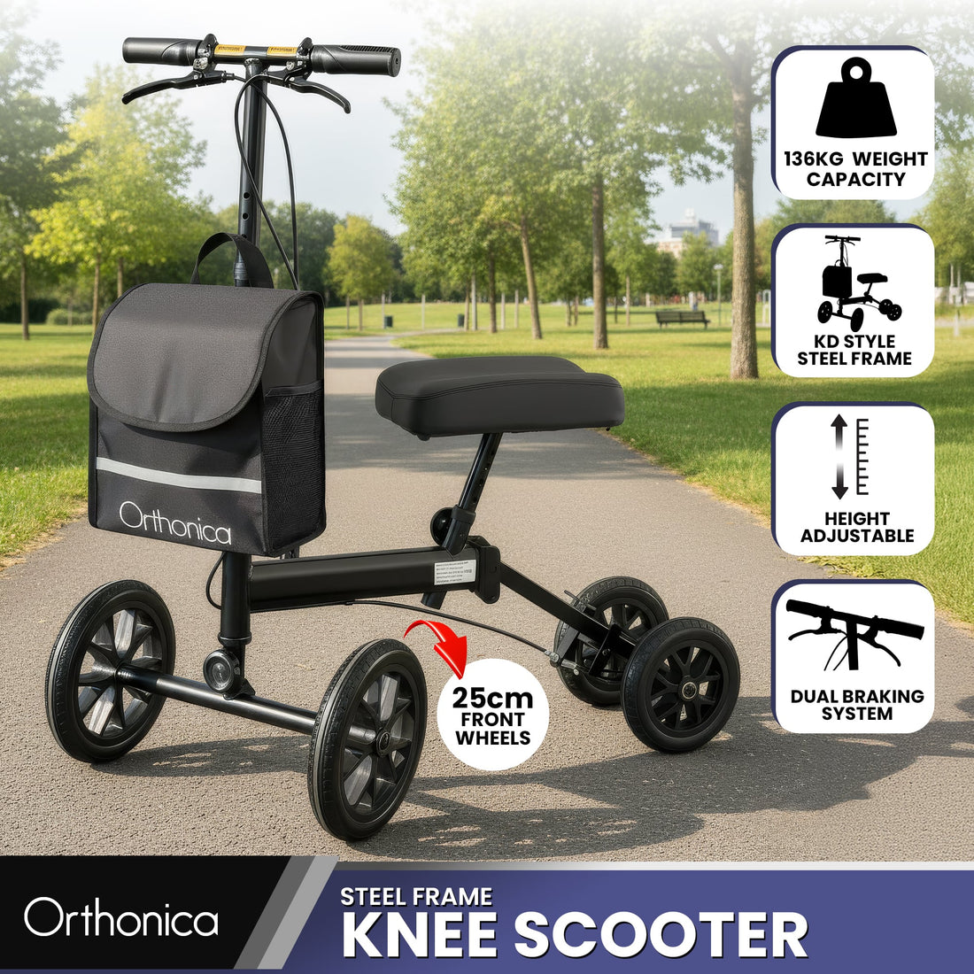 Orthonica Knee Walker Height Adjustable Dual Brakes Black