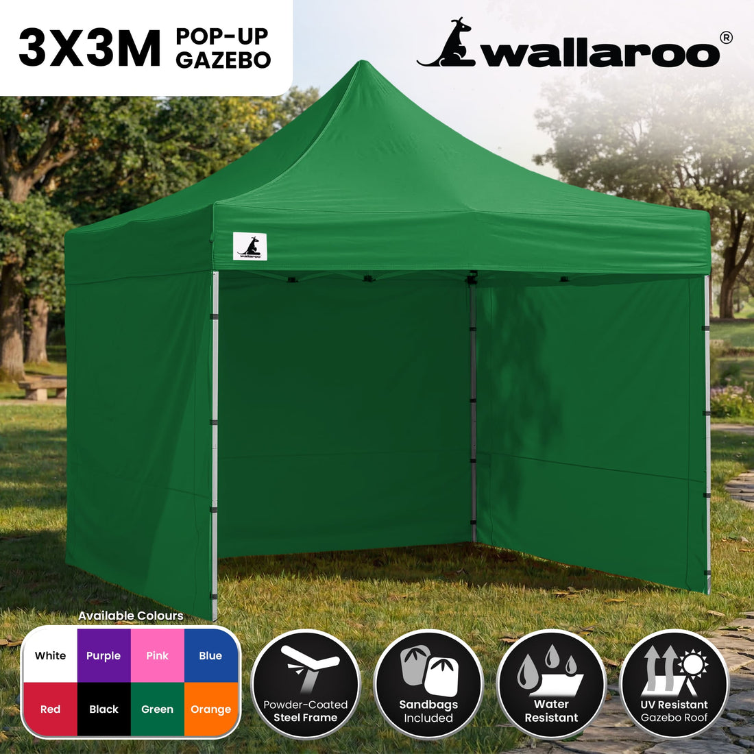 Wallaroo Pop Up Gazebo 3x3m Green Water Resistant