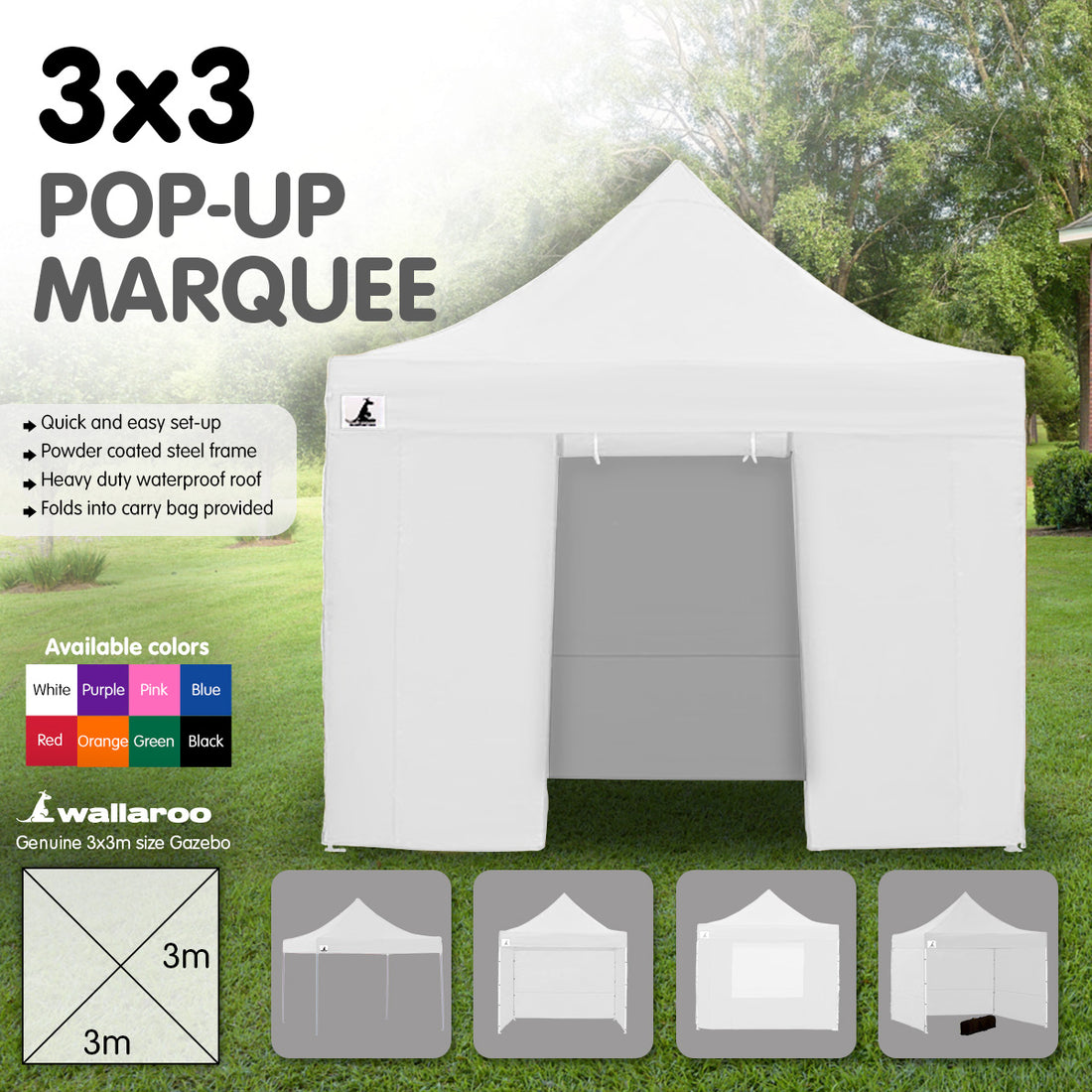 Wallaroo Pop Up Gazebo 3x3m White Water Resistant