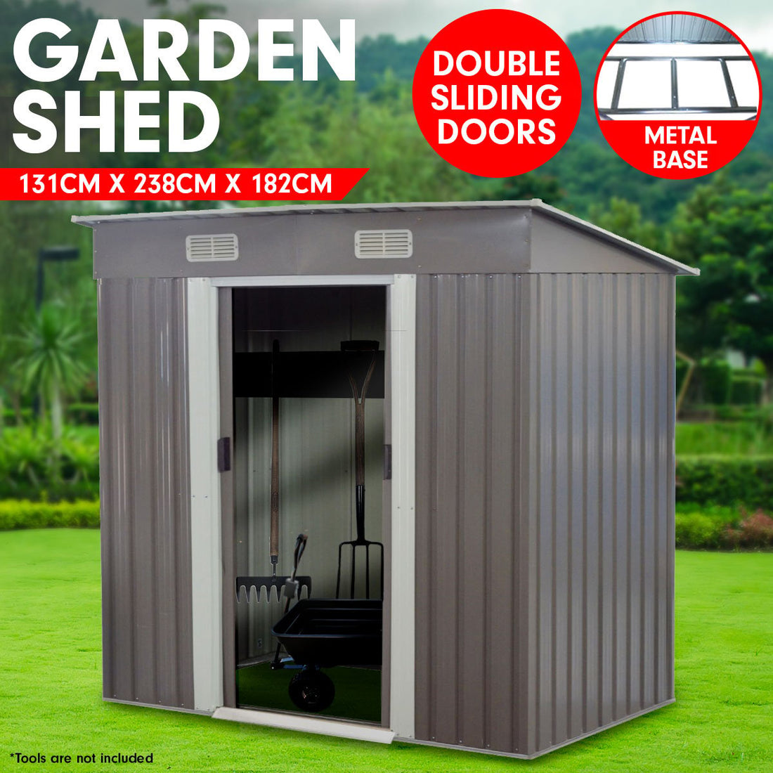 Wallaroo Metal Garden Shed with Base Sliding Doors 4x8ft Grey