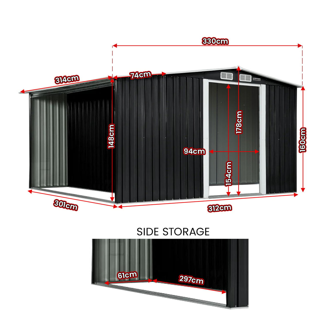 Wallaroo Outdoor Garden Shed with Semi-Closed Side Storage 10x8ft Black