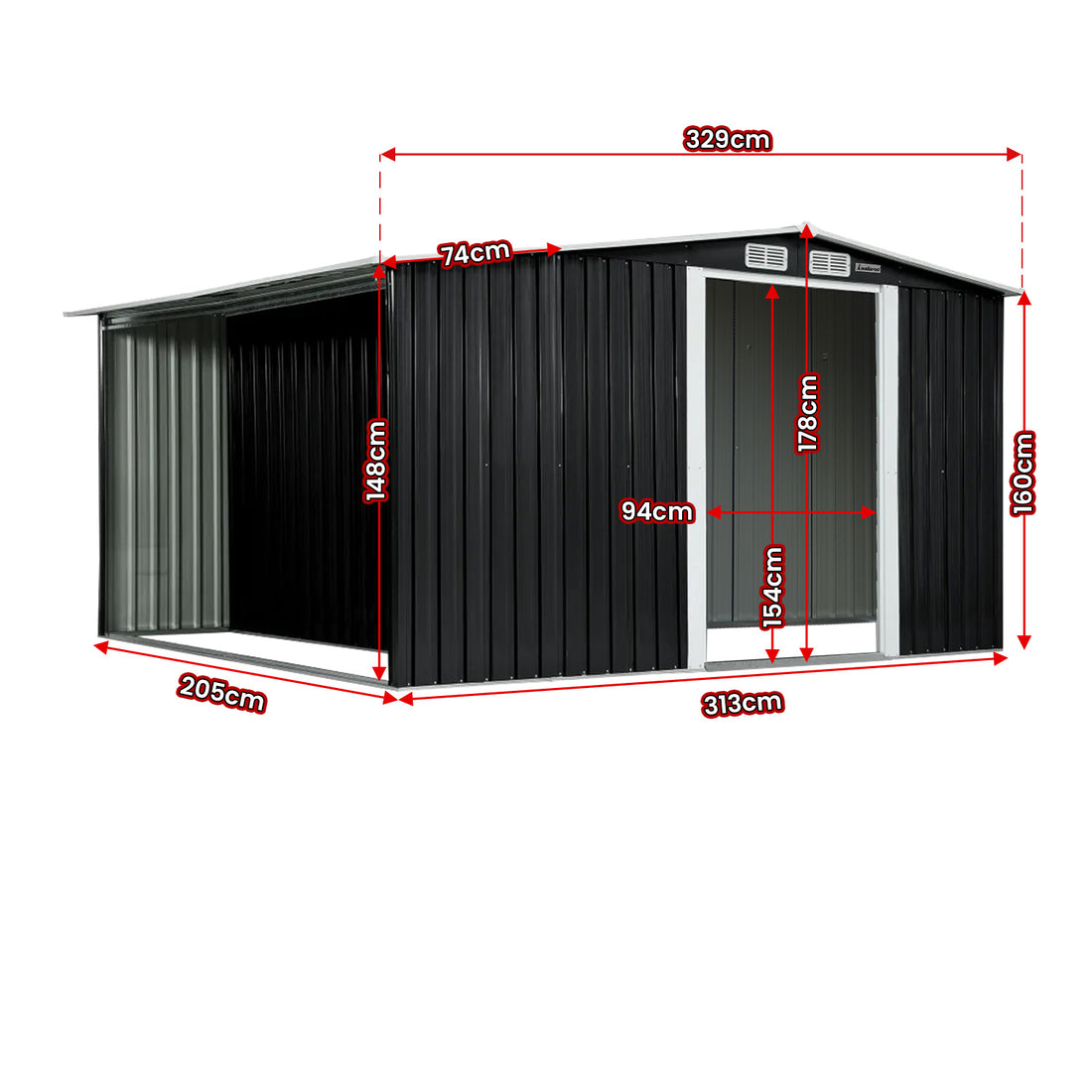 Wallaroo Outdoor Garden Shed with Semi-Closed Side Storage 6x8ft Black