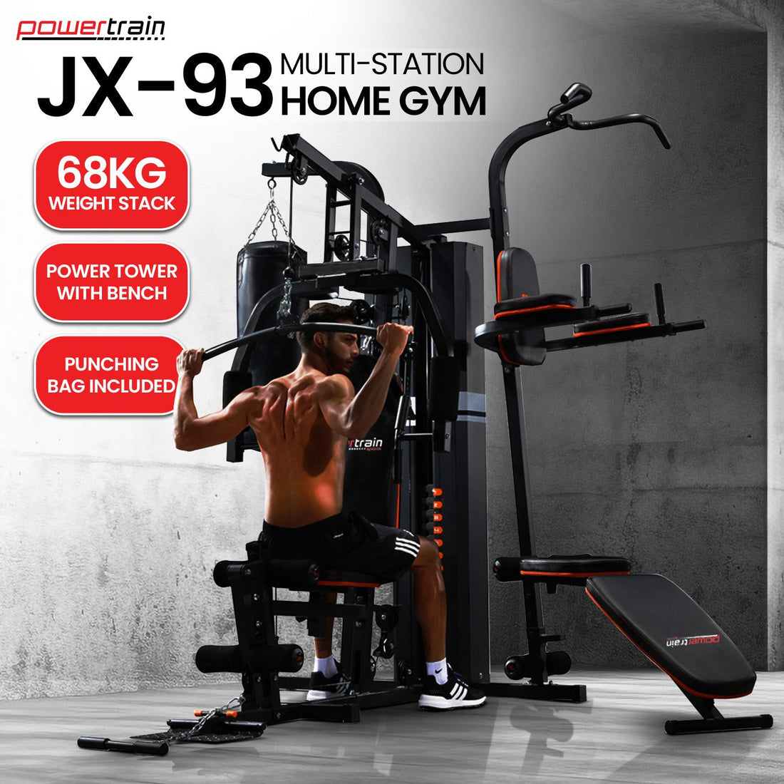 Powertrain Multi Station Home Gym with 68kg Weight Stack and Punching Bag