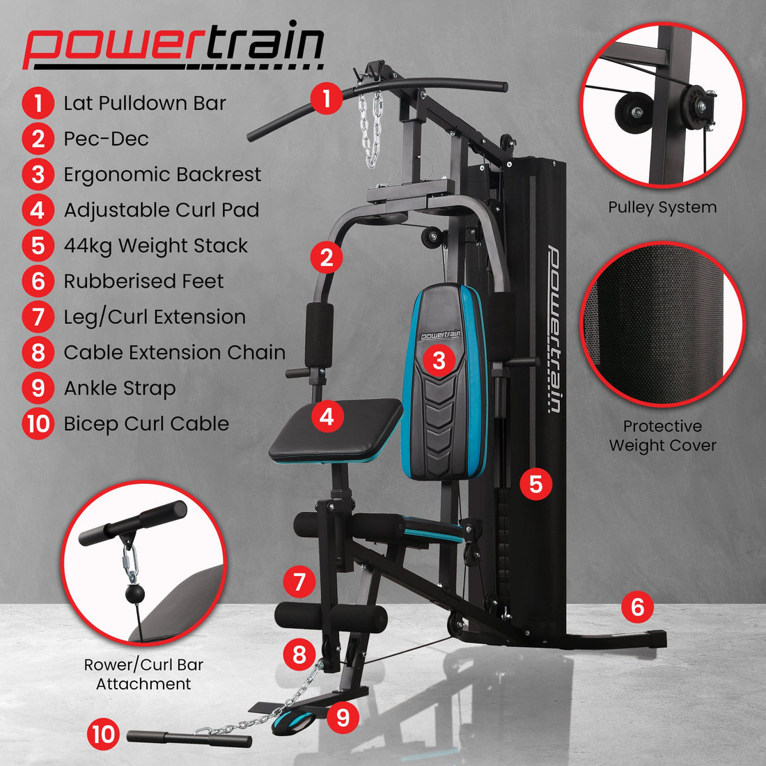 Powertrain Multi-Station Home Gym Cable Machine 44kg Weight Stack