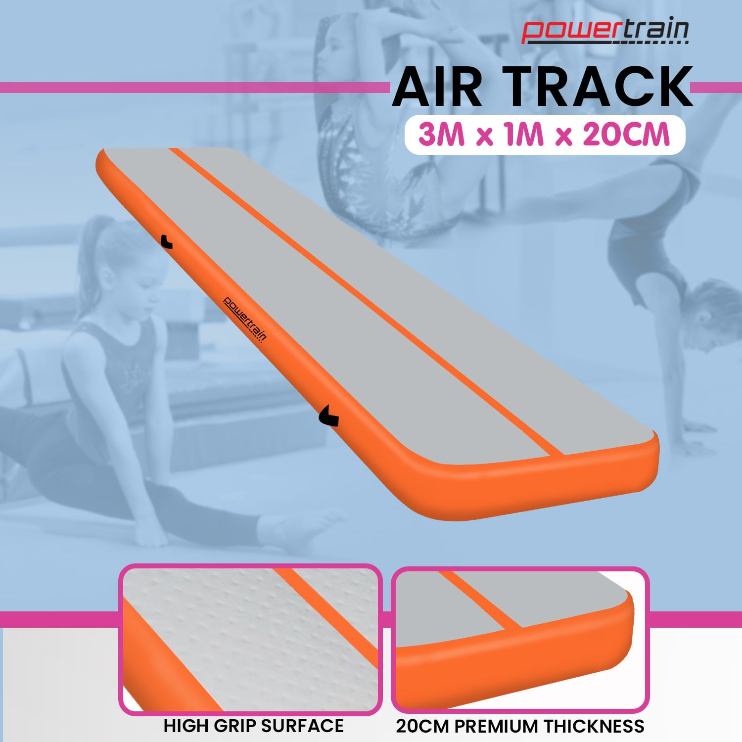 Close-up of air track mat surface showing centre guideline and anti-slip EVA texture detail