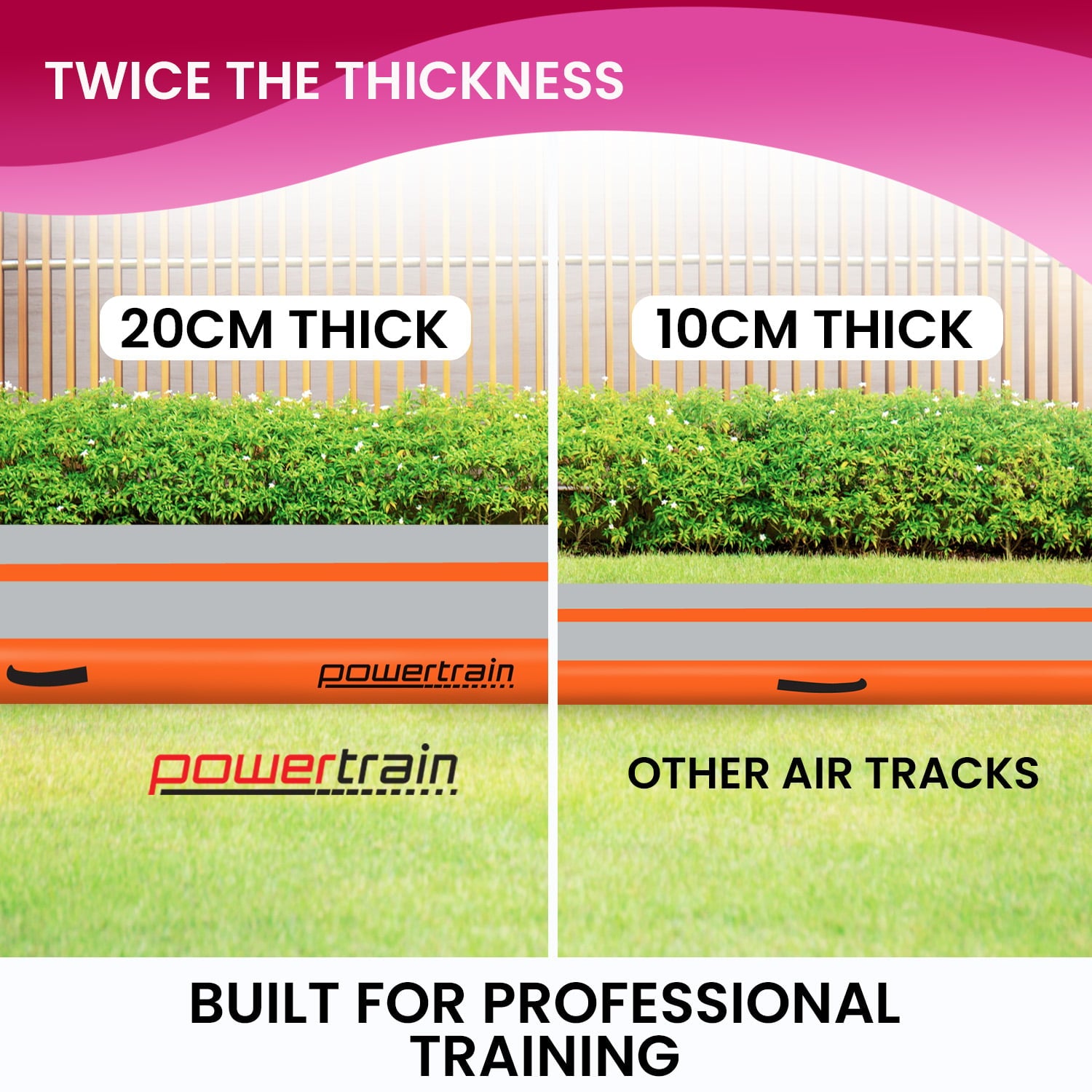 Comparison of Powertrain air track thickness with 20cm thick and 10cm thick options, showing 'Twice the Thickness' text.
