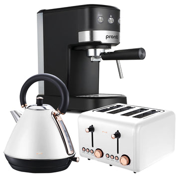 Pronti Breakfast Appliance Set Espresso Machine Kettle Toaster White