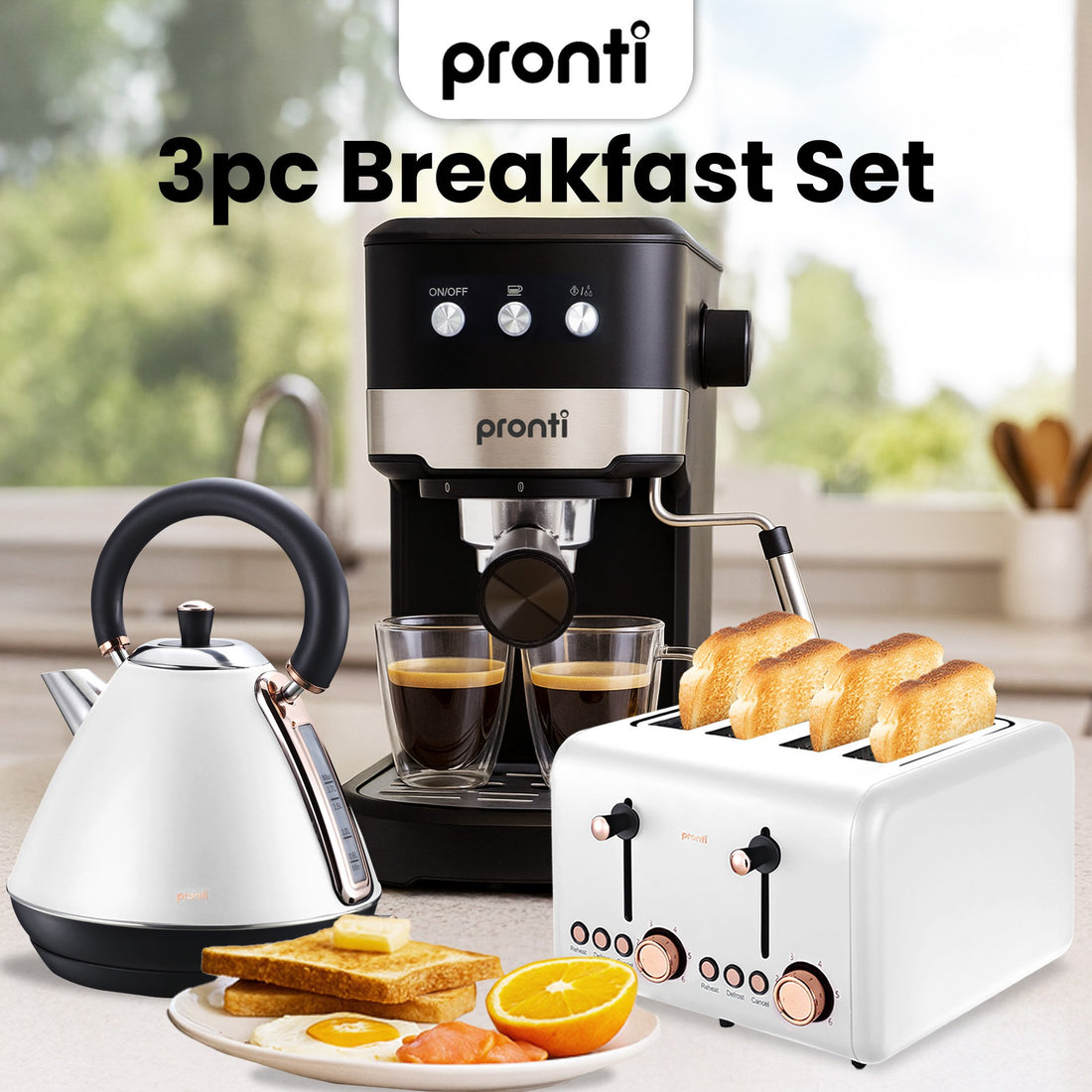 Pronti Breakfast Appliance Set Espresso Machine Kettle Toaster White