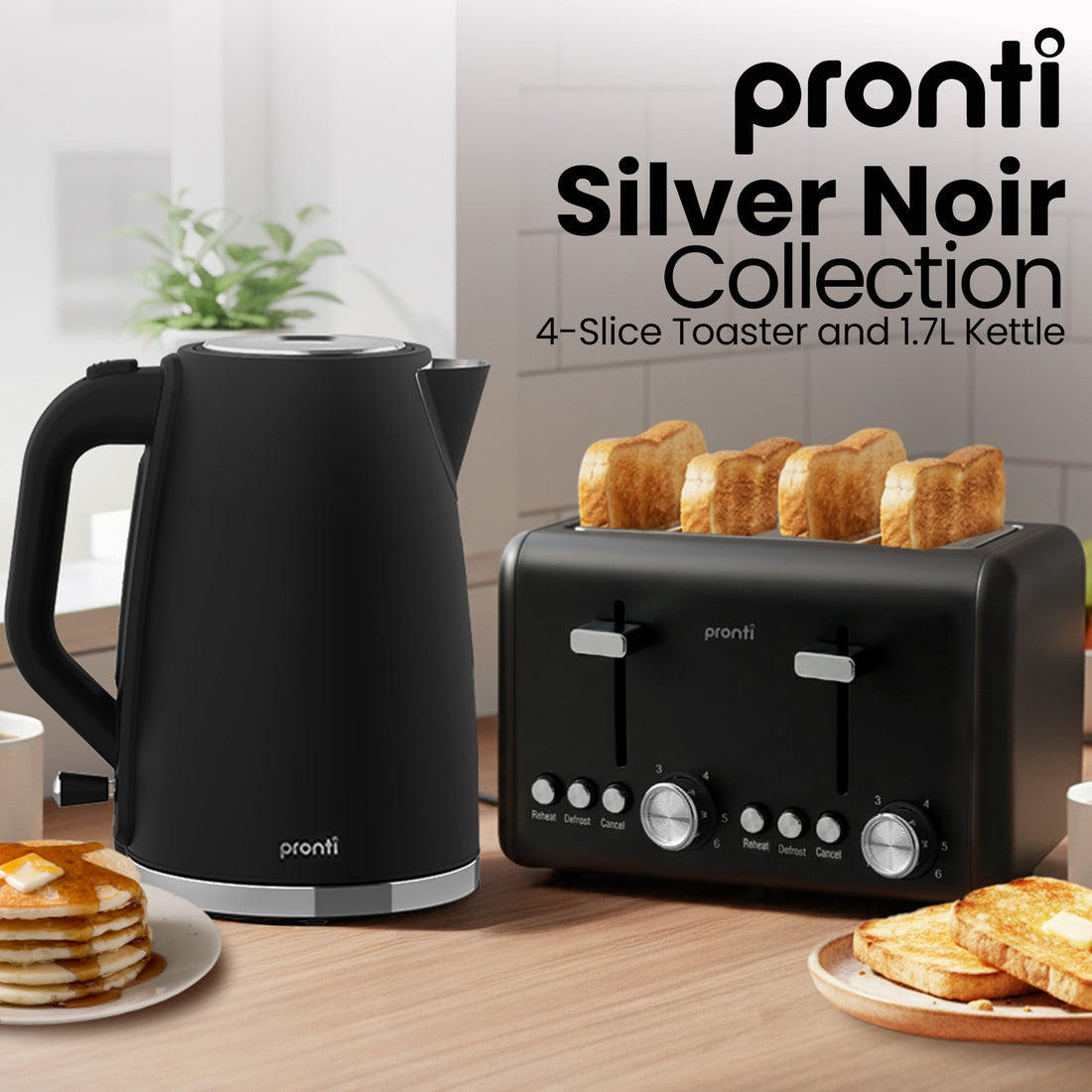 Pronti Kettle and Toaster Set 4 Slice Silver Noir