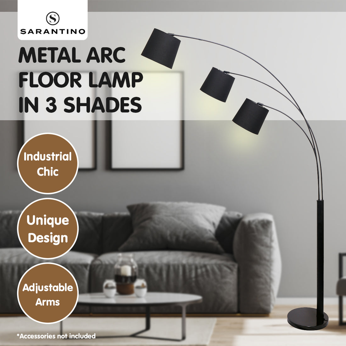 Sarantino 3-Light Arc Floor Lamp Adjustable Black