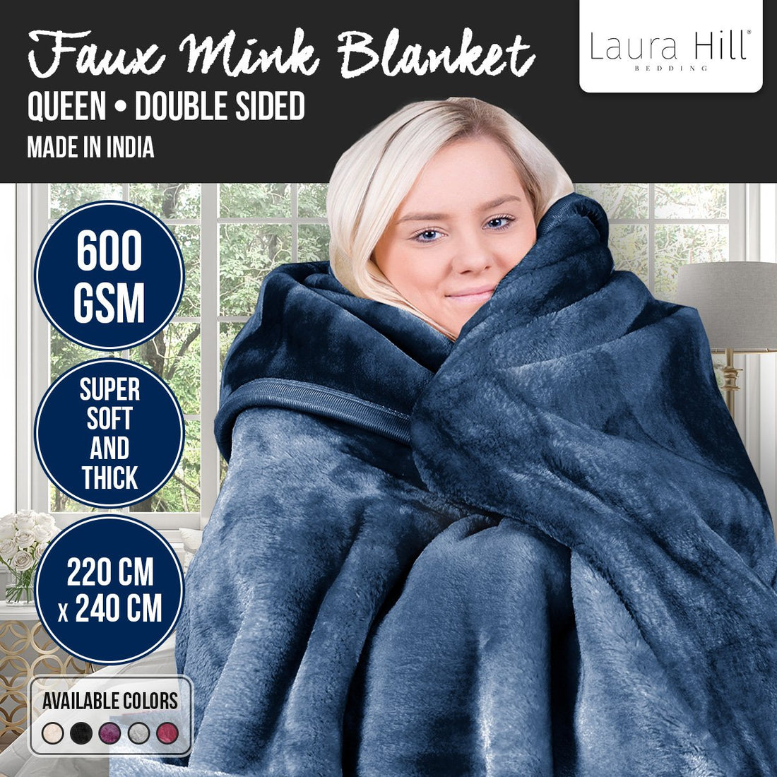 Laura Hill Faux Mink Blanket Double-Sided Soft Queen 600gsm Blue