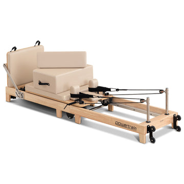 Powertrain Selina Pilates Reformer Machine Wooden Folding Multifunctional Home Gym Equipment with Jumpboard & Sitting Box Oak Beige